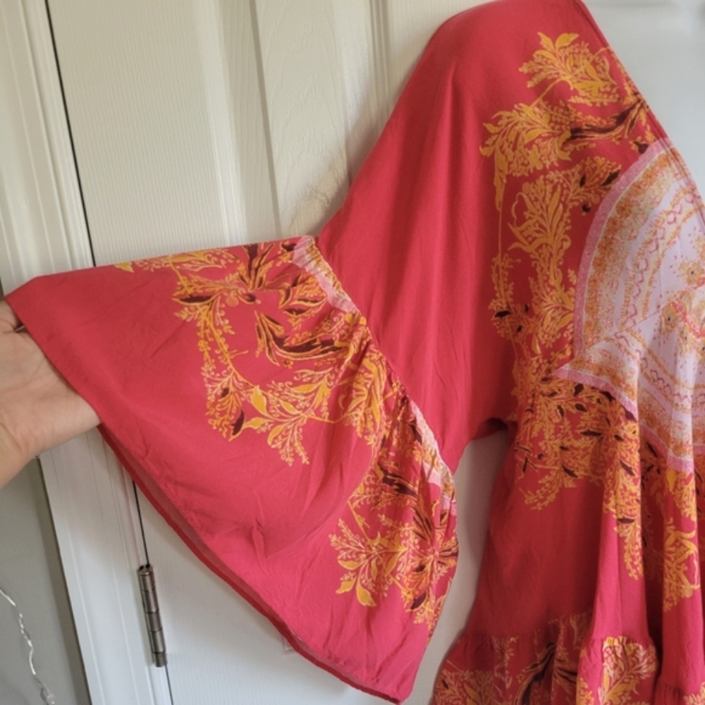 Free People Sunset Dreams boho print bell sleeve salmon color top women's‎ XS - Picture 5 of 16